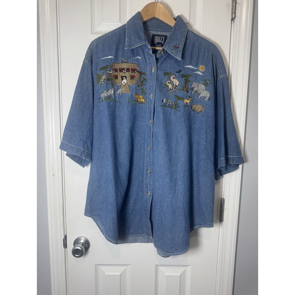 Quizz Denim Button Front Shirt Women 22 2x 3x Noahs Ark Embroidered Chambray Top